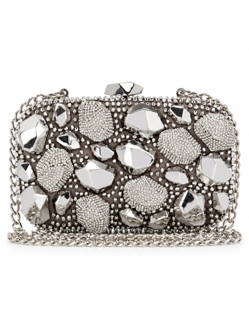 Karen Millen Silver Crystal & Mirrored Gem Evening Clutch Chain Bag